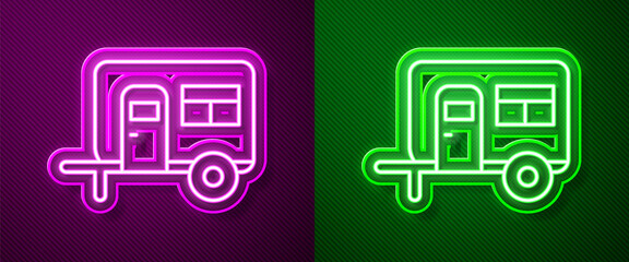 Glowing neon line Rv Camping trailer icon isolated on purple and green background. Travel mobile home, caravan, home camper for travel. Vector.