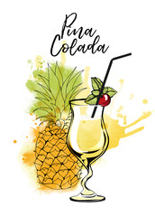 Pina Colada. Cocktails banner. Watercolor vector cocktails. 