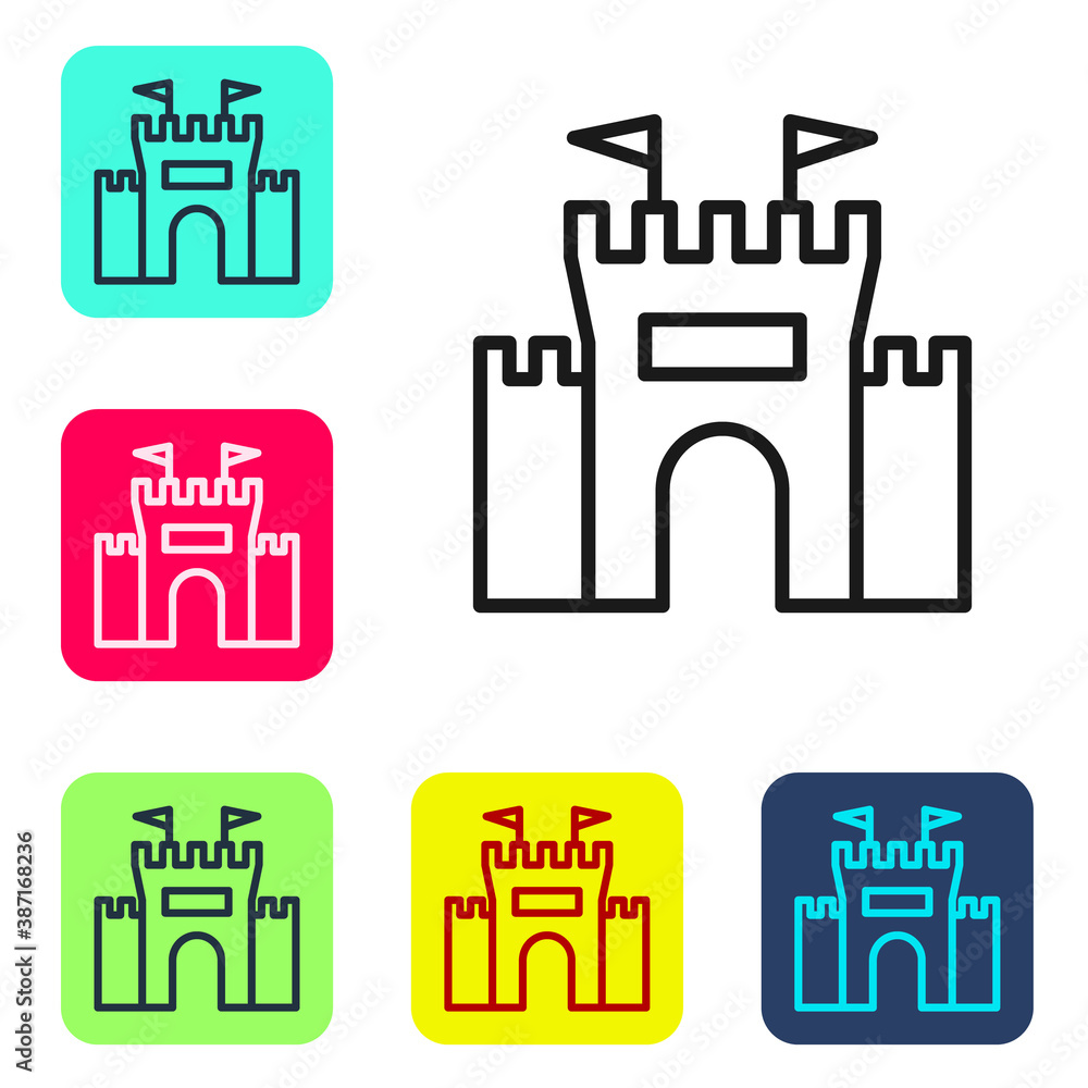 Poster black line castle icon isolated on white background. set icons in color square buttons. vector.