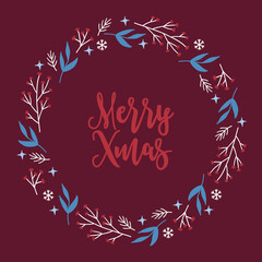 Obraz premium Christmas wreath with leaves, snowflakes, stars, fir branches. Vector illustration