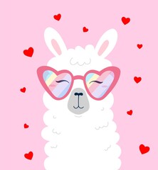 Happy llama head wearing rainbow sunglasses with hearts in cartoon flat style. Cute alpaca character design for cards, prints, textile, Valentine's day, baby shower or nursery. Vector illustration © mitoria