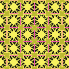 Vector seamless pattern texture background with geometric shapes, colored in yellow, gold, black, pink colors.