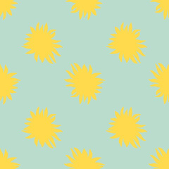 Contrast simple seamless pattern with yellow sun silhouettes. Doodle star ornament on blue background. Bright design.