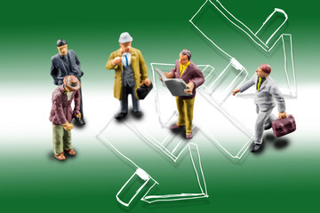 team of people solving a difficult maze problem, finding best possible solution in front of crossroad