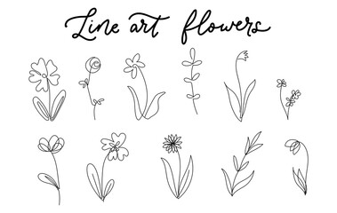 One line art flowers set isolated on white background. Trendy continuous art floral elements collection for prints, tattoos, cards, textile etc. Simple linear flowers vector illustration
