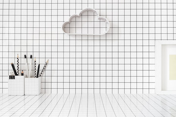 Desk at home office with checkered  wall, background.