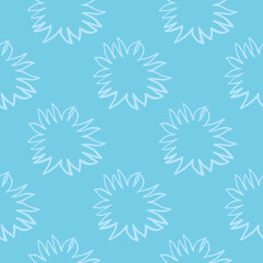 Bright seamless cartoon minimalistic pattern with sun silhouettes white ornament. Star shapes on blue background.