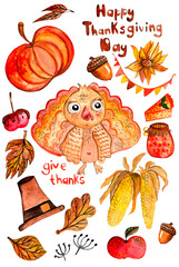 Thanksgiving watercolor illustration. For stickers, postcards, gifts, prints.