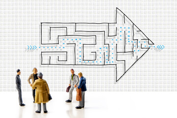 team of people solving a difficult maze problem, finding best possible solution