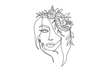 Trendy woman's face fashion illustration in one line art style. Continuous art modern vector illustration with face silhouette and floral wreath on white background. Tattoo, print or fashion concept