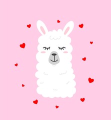 Obraz na płótnie Canvas Cute llama illustration on pink background with hearts in cartoon flat style. Alpaca in love vector illustration for prints, textile, greeting cards, posters etc. Vector illustration