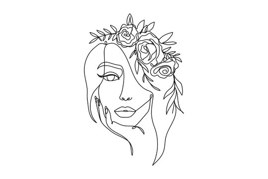 Trendy woman's face fashion illustration in one line art style. Continuous art modern vector illustration with face silhouette and floral wreath on white background. Tattoo, print or fashion concept