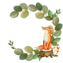 Watercolor Christmas wreath, frame with space for your wishes and greetings. Pattern of fir branches, eucalyptus, fern, red berries, fox
 and Christmas decorations. Illustration can be used for design