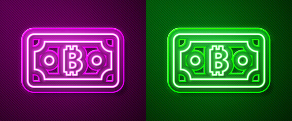 Glowing neon line Cryptocurrency bitcoin icon isolated on purple and green background. Blockchain technology, digital money market. Vector.