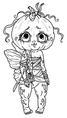 Nice cartoon character, kind fairytale creature in full growth dressed in cute costume for halloween, with big eyes and head pumpkin, with bow-knot and long pigtail, with wings butterfly, in bandages.