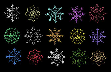Crayon snowflakes colletion. Children drawing chalk style snowflake set.  Hand drawn wax crayons art. Happy New year and Merry Christmas snowflakes. Color pastel crayons  freehand drawn snowflake