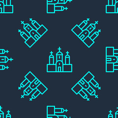 Green line Church building icon isolated seamless pattern on blue background. Christian Church. Religion of church. Vector.