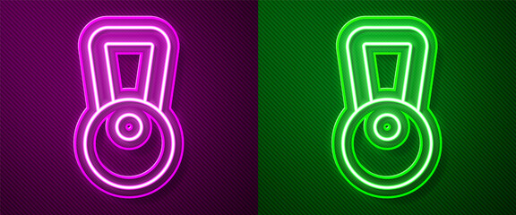 Glowing neon line Kettlebell icon isolated on purple and green background. Sport equipment. Vector.