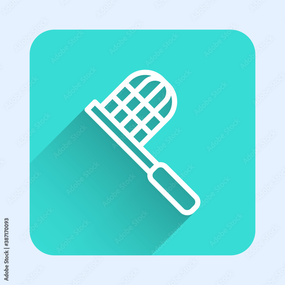 Aufkleber white line butterfly net icon isolated with long shadow. green square button. vector.