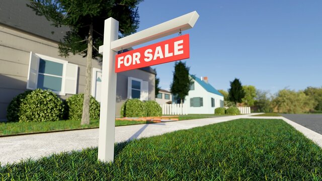 Real estate sign in front of a house for sale in a nice suburban neighborhood. Digital 3D render.