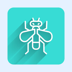 White line Insect fly icon isolated with long shadow. Green square button. Vector.