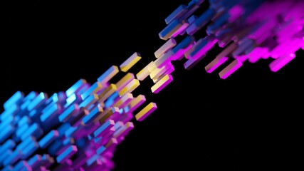 Fototapeta premium Contact point, cyan and magenta geometrical shapes touching at the center. Futuristic, cyberpunk aesthetic concept.