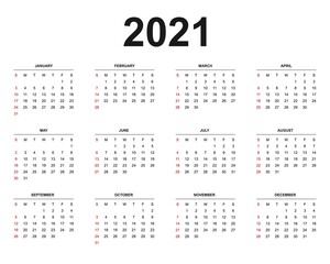 Calendar of 2021, set of 12 months, week start from Sunday, simple concept calendar layout template for website and business, vector illustration.