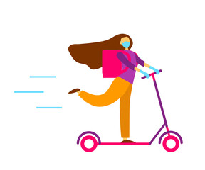 A courier delivers food on a scooter. Cartoon. Vector illustration.