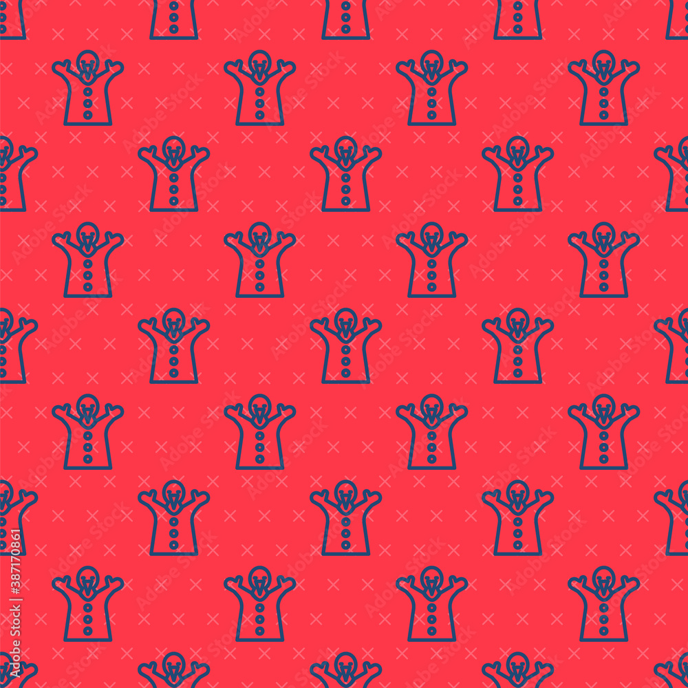 Poster blue line toy puppet doll on hand icon isolated seamless pattern on red background. vector.