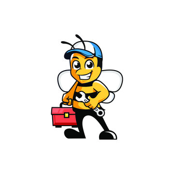 Maintenance cartoon bee with toolbox character mascot logo Premium Vector