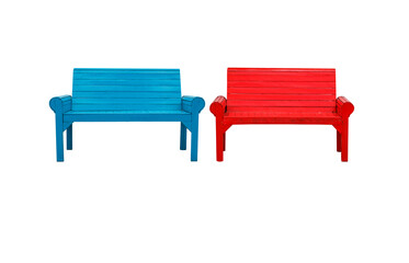 Two red and blue chairs on a white background.