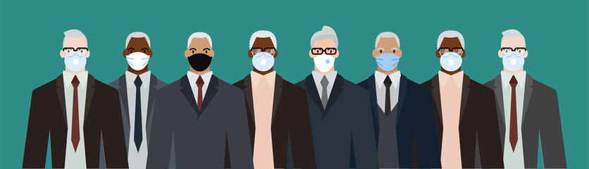 Group of diverse businessman men of adult and senior age, of different race, in office style clothes, wearing masks for pandemic protection from covid19. Flat design vector illustration.