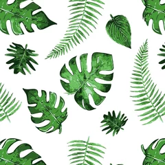 Afwasbaar Fotobehang Tropische bladeren Exotic tropical natural green leaves vector composition on white background. Beach seamless pattern wallpaper