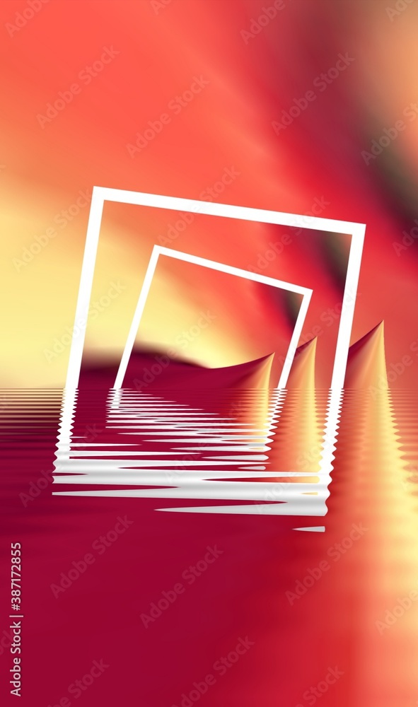 Poster stylized mountain peak and blurred red background with multiple white coloured frames one inside ano