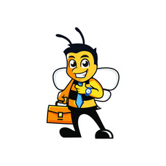 Business cartoon bee with tie on and briefcase character mascot logo Premium Vector