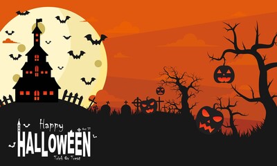 Halloween illustration yellow and orange and dark vector background, horror, lantern, pumpkin, tree, house, bat, moon, etc. Good for web backgrounds, cards, posters, greeting cards, etc.
