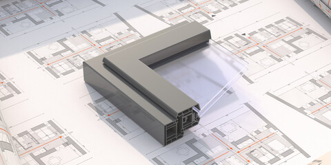 PVC aluminum window frame with two glasses on drawing background. 3D illustration