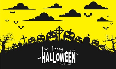 Halloween illustration yellow and orange and dark vector background, horror, lantern, pumpkin, tree, house, bat, moon, etc. Good for web backgrounds, cards, posters, greeting cards, etc.