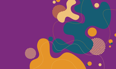 Abstract yellow, green and purple dynamic fluid shapes compositions of colored spots.