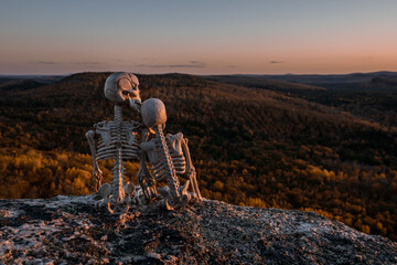 Pair of Skeletons Watching Sunset on Mountain Top