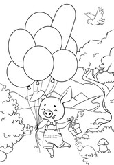 Сute little pig with balloons and a gift. Coloring book for children. Cartoon vector illustration.
