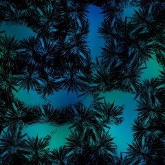Fototapeta na wymiar Seamless Miami night tropical pattern black foliage on sunset blur. High quality illustration. Swim, sports, or resort wear repeat print. Dark foreground on blurred background. Dark vibrant colors.