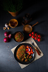 Buckwheat groats baked in the oven with beef goulash