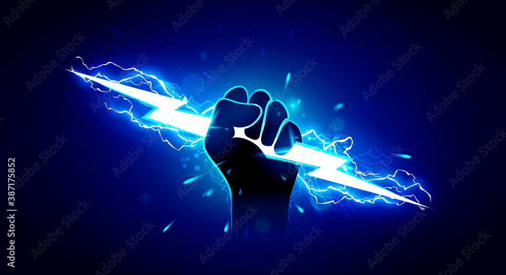 Sticker Vector Illustration Hand Holding Powerful Electric Lightning.