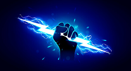 Vector Illustration Hand Holding Powerful Electric Lightning. - obrazy, fototapety, plakaty