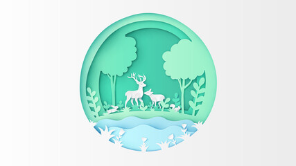 Illustration of springtime with flowers blooming and wild animals living in forest. Paper layers cut of forest in circle shape frame. paper cut and craft style. vector, illustration.