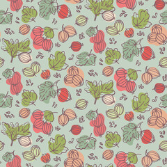 Seamless pattern with Gooseberries and leaves. Graphic hand drawn flat style. Doodle illustration for packaging, menu cards, posters, prints.