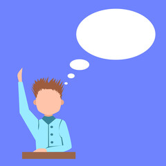 In the classroom, a boy answers. The student raised his hand. People on the belt. white cloud for text. Vector illustration on a blue isolated background.
