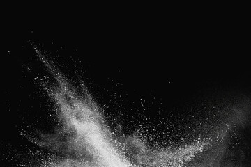 white abstract dust overlay texture powder splash overlay explosion on black. - obrazy, fototapety, plakaty