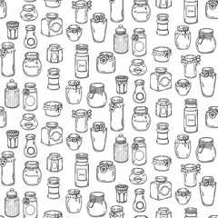 Glass jars for jam and marmalade. Seamlessly pattern of empty jars isolated over white background. Vector hand-drawn doodle sketch illustration.
